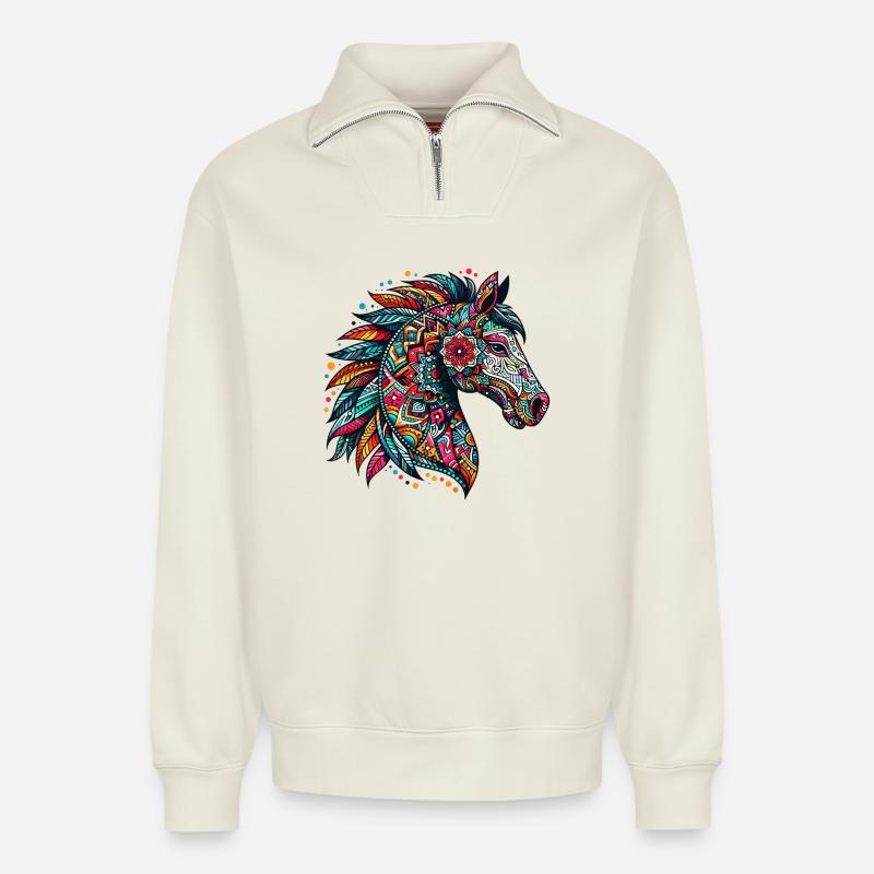 Pferd mit Mandalas verziert - Relaxed Unisex Organic Half Zip Sweatshirt – von SPREAD - Naturweiß