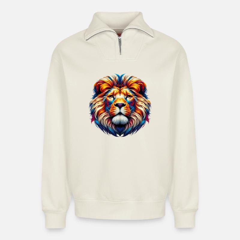 Löwe - Relaxed Unisex Organic Half Zip Sweatshirt – von SPREAD - Naturweiß