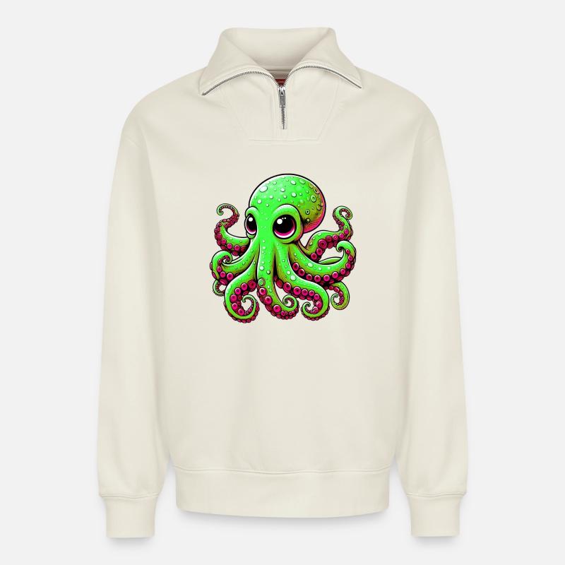Krake - Relaxed Unisex Organic Half Zip Sweatshirt – von SPREAD - Naturweiß