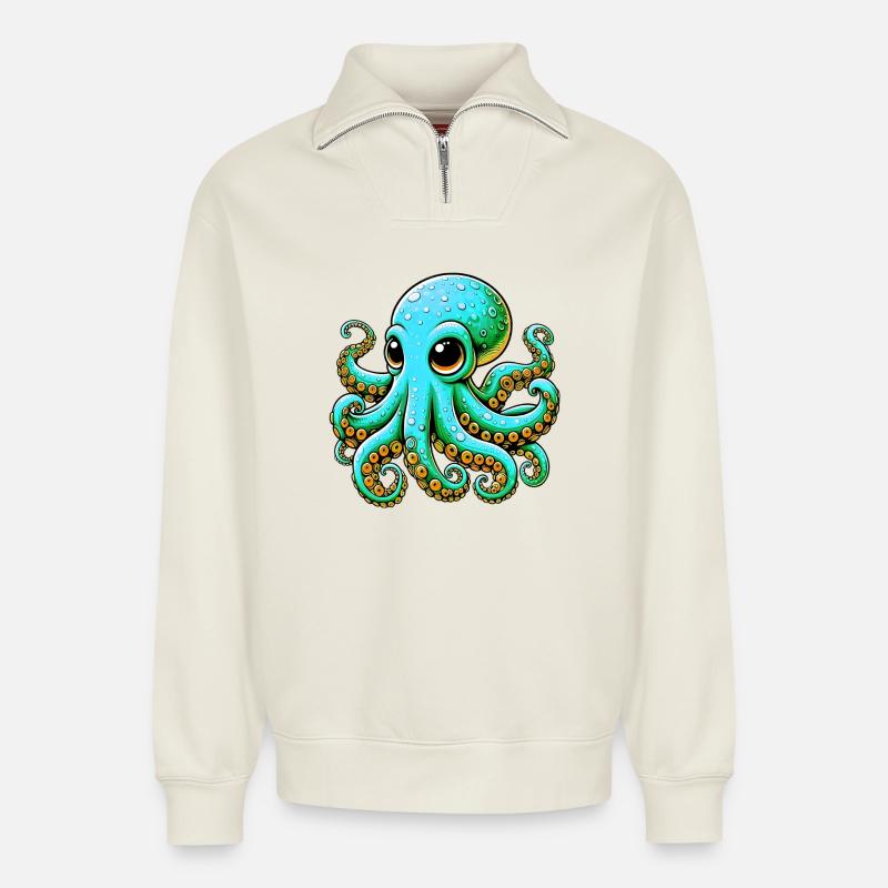 Pieuvre - Sweat unisexe décontracté en coton biologique à demi-zip – de SPREAD - blanc cassé