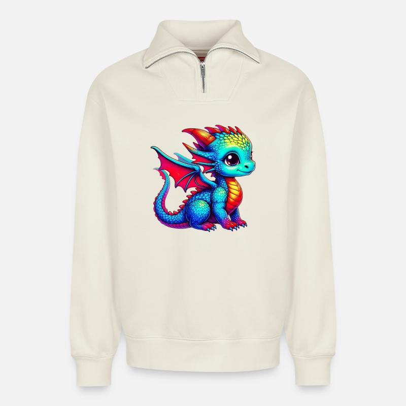 Drache - Relaxed Unisex Organic Half Zip Sweatshirt – von SPREAD - Naturweiß