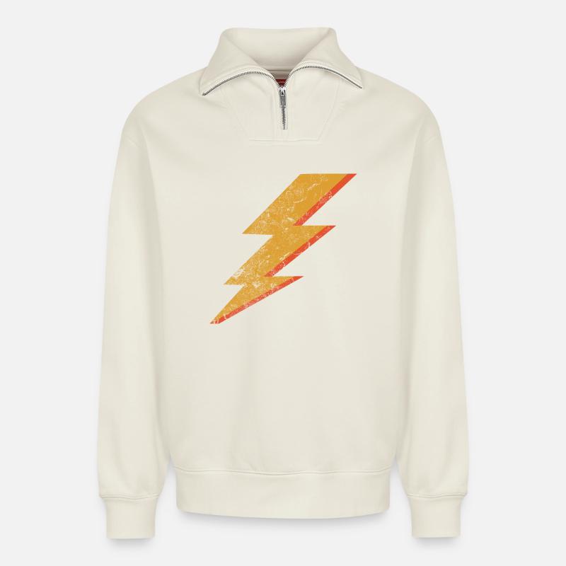Éclair rouge et jaune de style grunge - Sweat unisexe décontracté en coton biologique à demi-zip – de SPREAD - blanc cassé