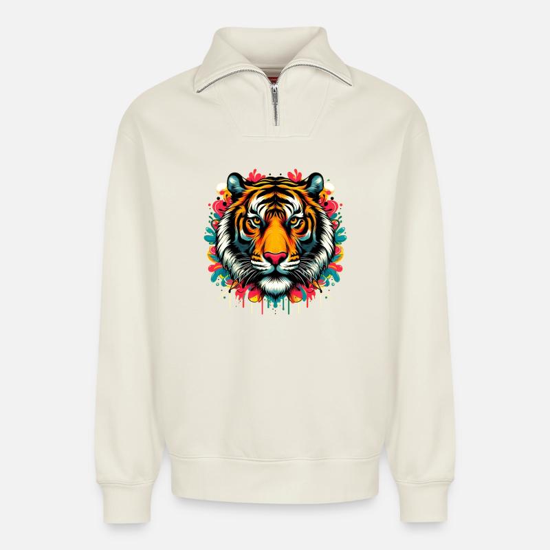 Tiger - Relaxed Unisex Organic Half Zip Sweatshirt – von SPREAD - Naturweiß