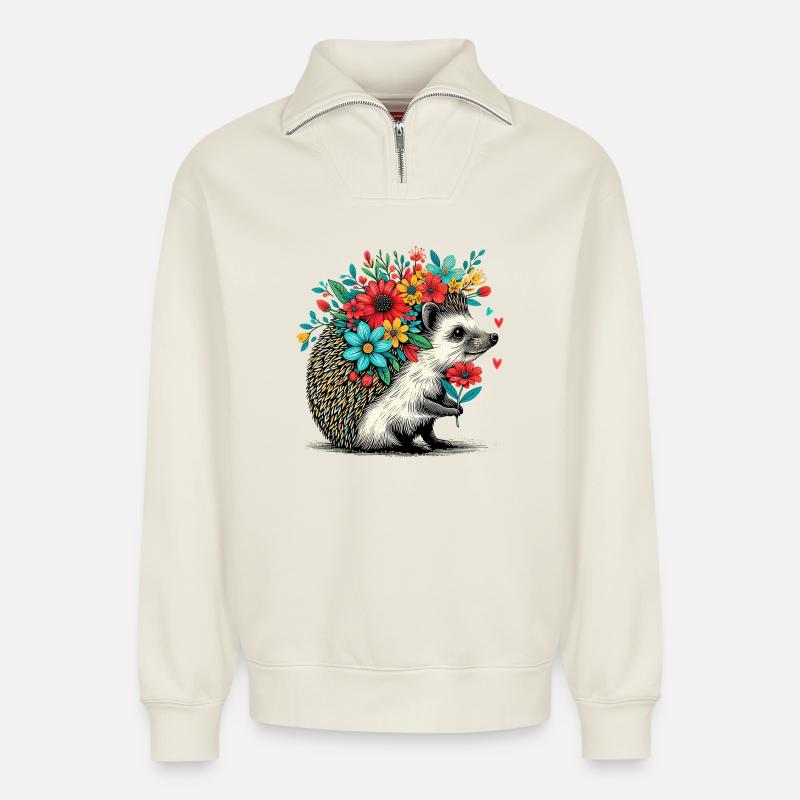 Hérisson - Sweat unisexe décontracté en coton biologique à demi-zip – de SPREAD - blanc cassé