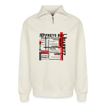 Map of Waikiki and Fuerteventura Beaches - Relaxed Unisex Organic Half Zip Sweatshirt – by SPREAD - off white - Front