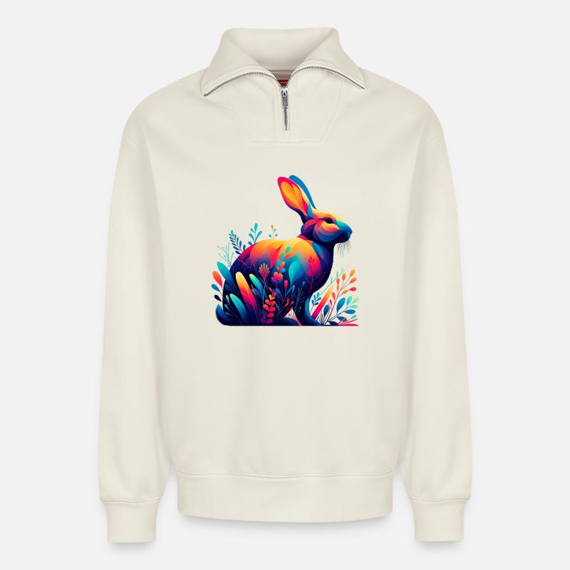 Rabbit - Relaxed Unisex Organic Half Zip Sweatshirt – by SPREAD - off white