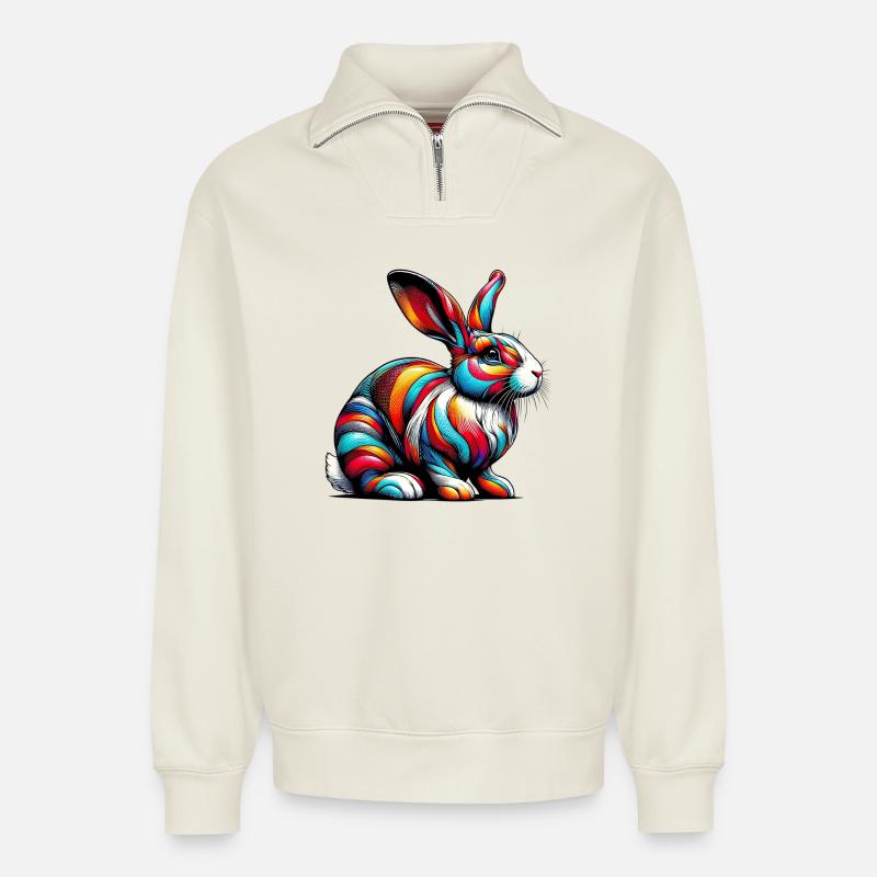 Lapin - Sweat unisexe décontracté en coton biologique à demi-zip – de SPREAD - blanc cassé