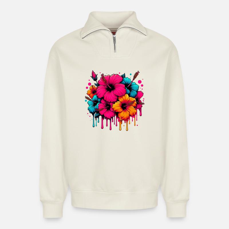 Hibiskusblüten - Relaxed Unisex Organic Half Zip Sweatshirt – von SPREAD - Naturweiß