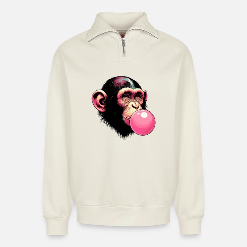Monkey - Relaxed Unisex Organic Half Zip Sweatshirt – by SPREAD - off white