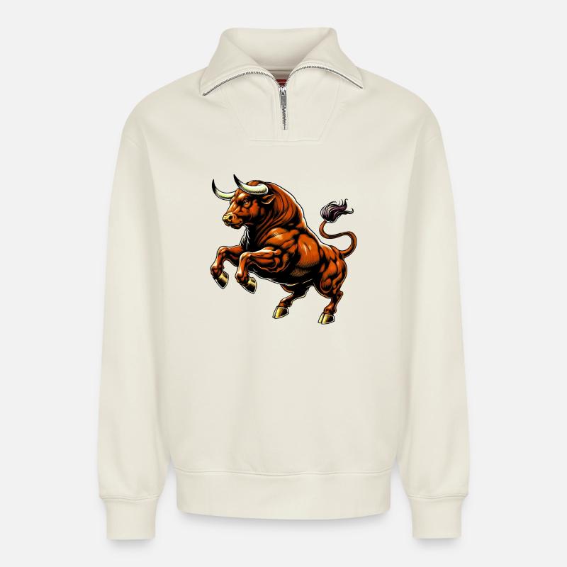 Taureau - Sweat unisexe décontracté en coton biologique à demi-zip – de SPREAD - blanc cassé