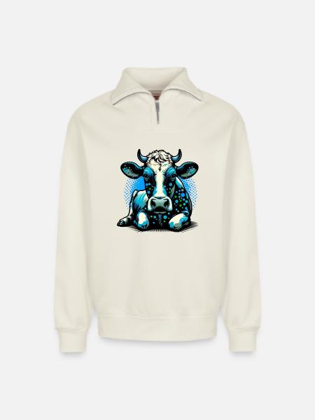 Vache - Sweat unisexe décontracté en coton biologique à demi-zip – de SPREAD - blanc cassé