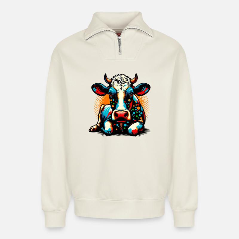 Vache - Sweat unisexe décontracté en coton biologique à demi-zip – de SPREAD - blanc cassé