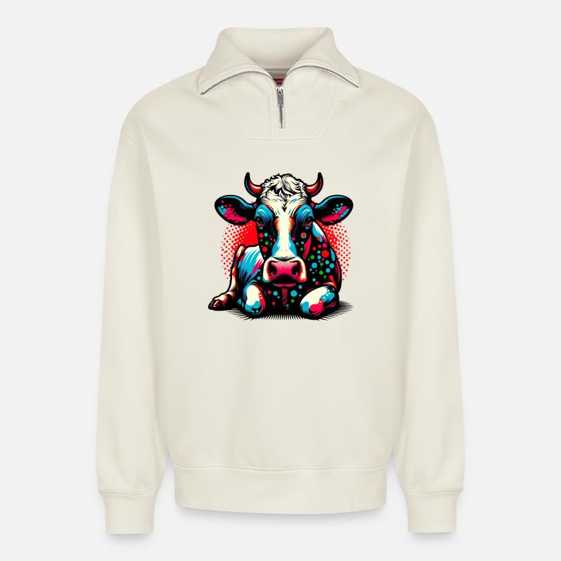 Cow - Relaxed Unisex Organic Half Zip Sweatshirt – by SPREAD - off white