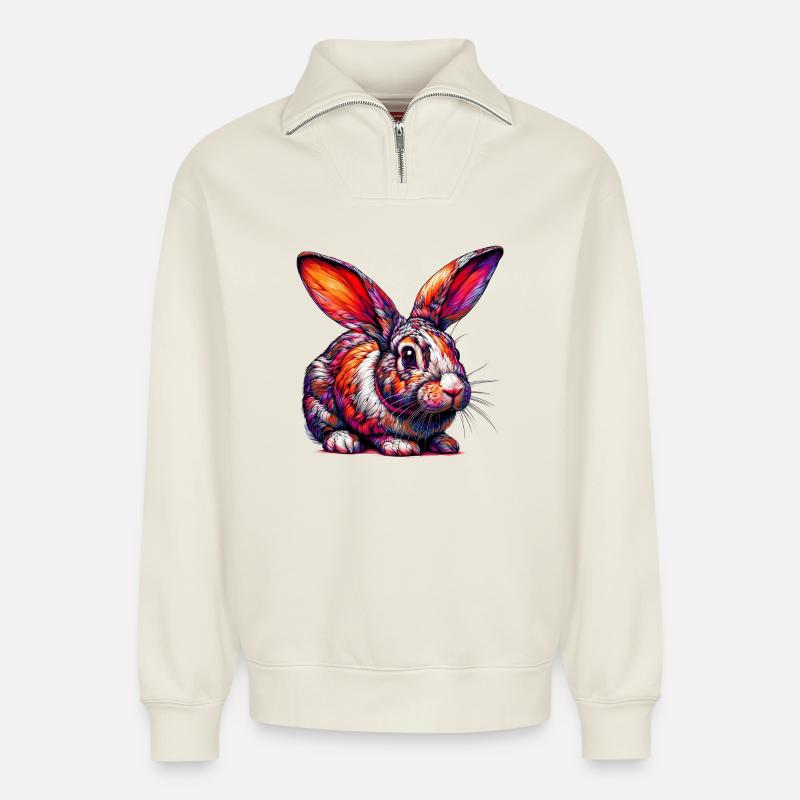 Lapin - Sweat unisexe décontracté en coton biologique à demi-zip – de SPREAD - blanc cassé