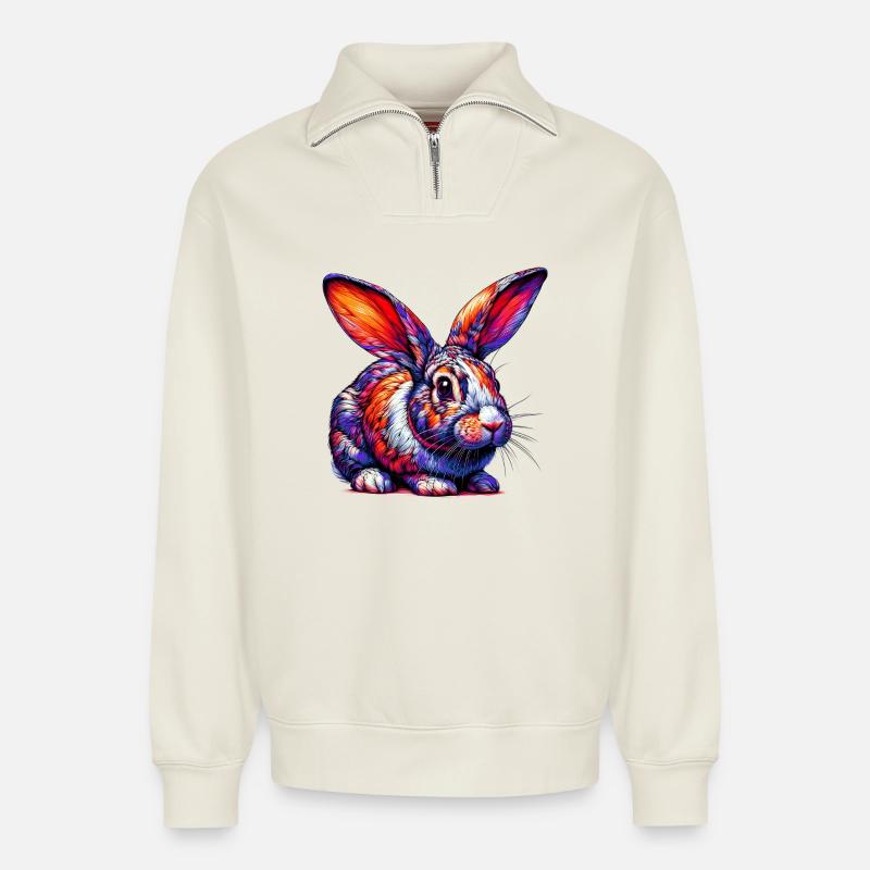 Rabbit - Relaxed Unisex Organic Half Zip Sweatshirt – by SPREAD - off white