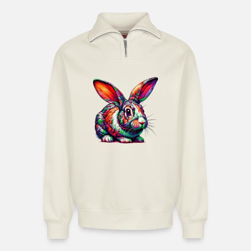 Rabbit - Relaxed Unisex Organic Half Zip Sweatshirt – by SPREAD - off white
