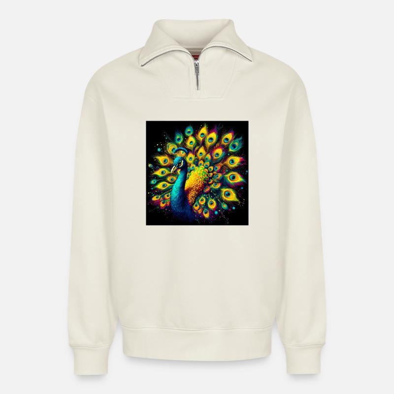 Pfau - Relaxed Unisex Organic Half Zip Sweatshirt – von SPREAD - Naturweiß