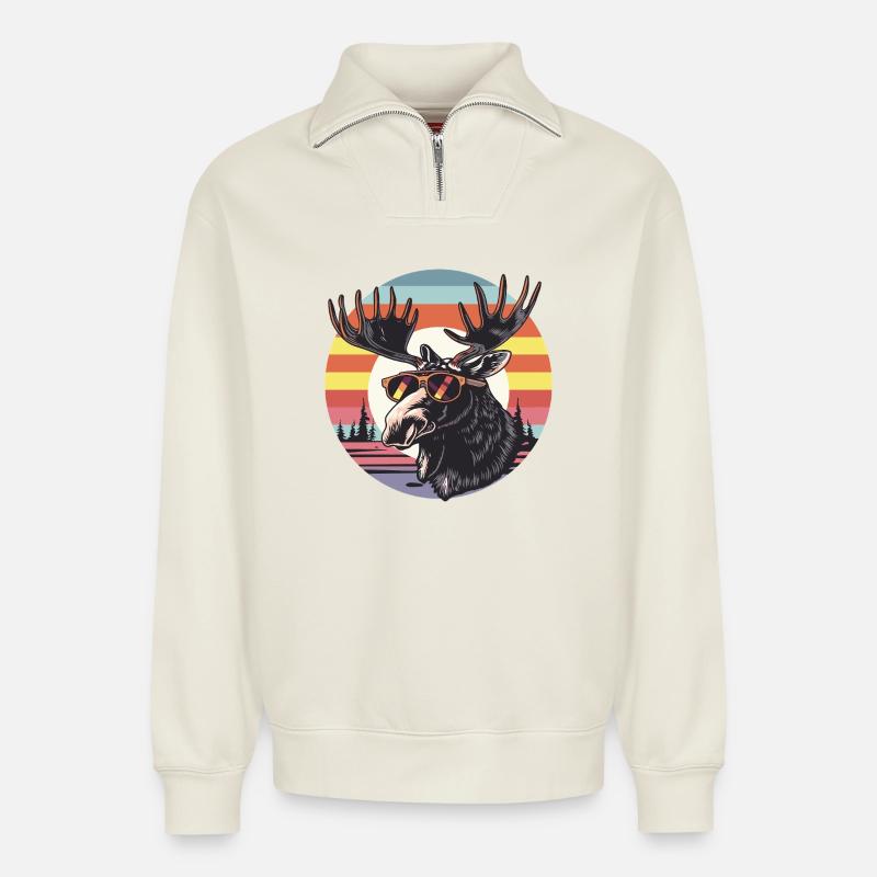 Retro Elch mit Sonnenbrille - Relaxed Unisex Organic Half Zip Sweatshirt – von SPREAD - Naturweiß