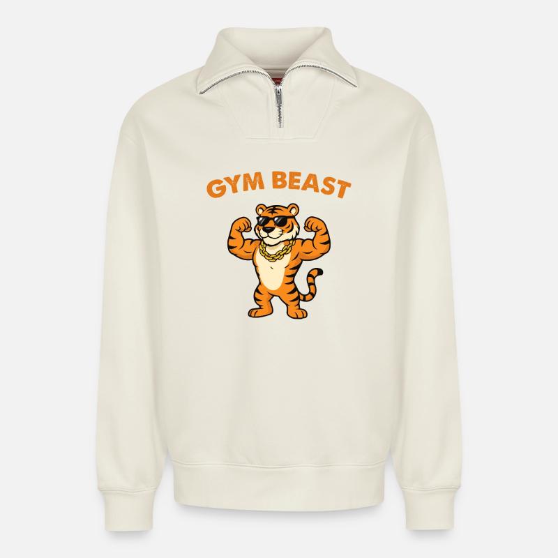 Gym Beast Tiger mit Sonnenbrille - Relaxed Unisex Organic Half Zip Sweatshirt – von SPREAD - Naturweiß