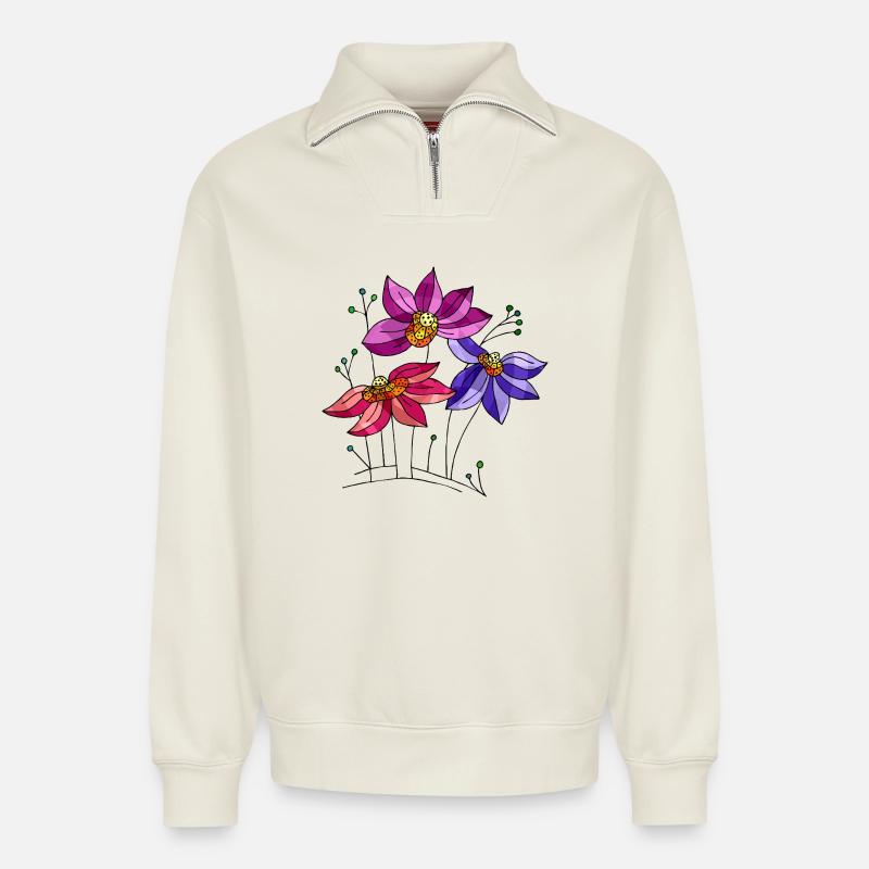 Blumen - Relaxed Unisex Organic Half Zip Sweatshirt – von SPREAD - Naturweiß