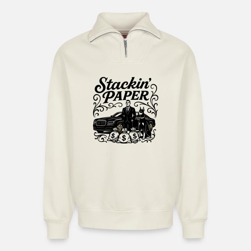 Stackin Paper - Relaxed Unisex Organic Half Zip Sweatshirt – by SPREAD - off white