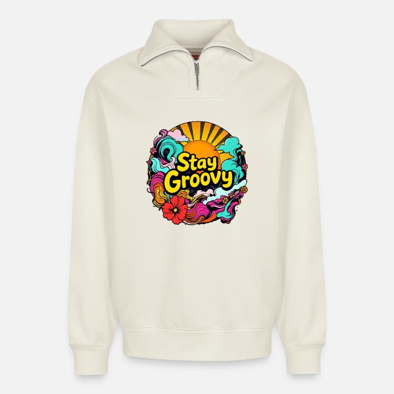 Rétro psychédélique – Restez groovy - Sweat unisexe décontracté en coton biologique à demi-zip – de SPREAD - blanc cassé