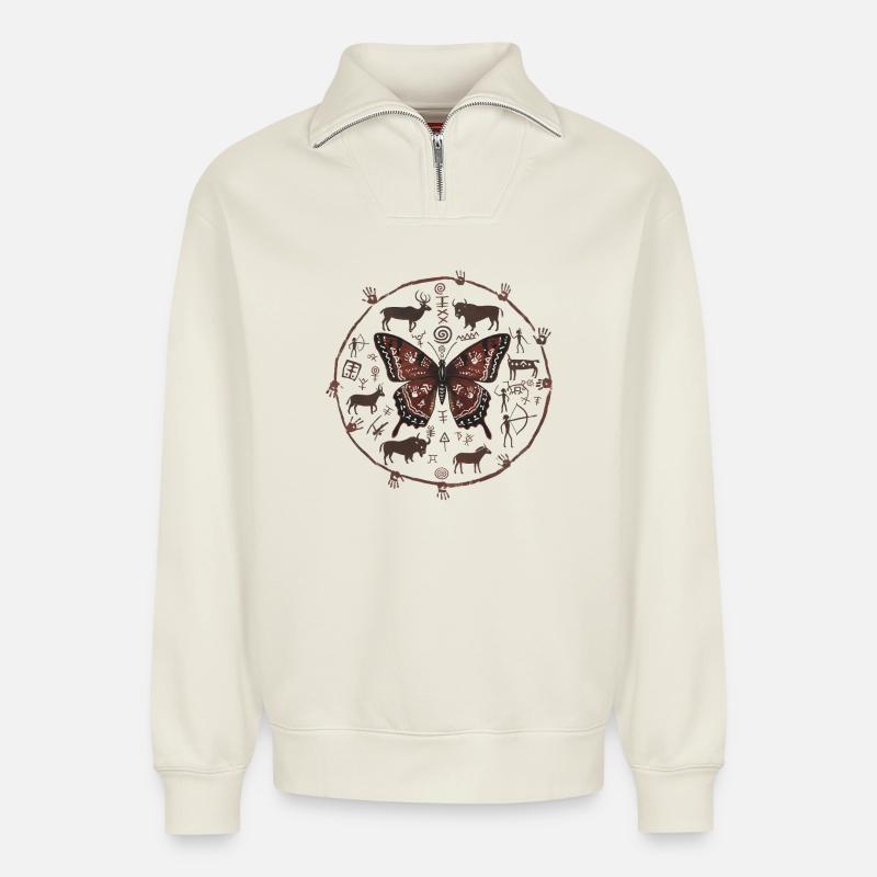 Cercle Runique Papillon - Sweat unisexe décontracté en coton biologique à demi-zip – de SPREAD - blanc cassé