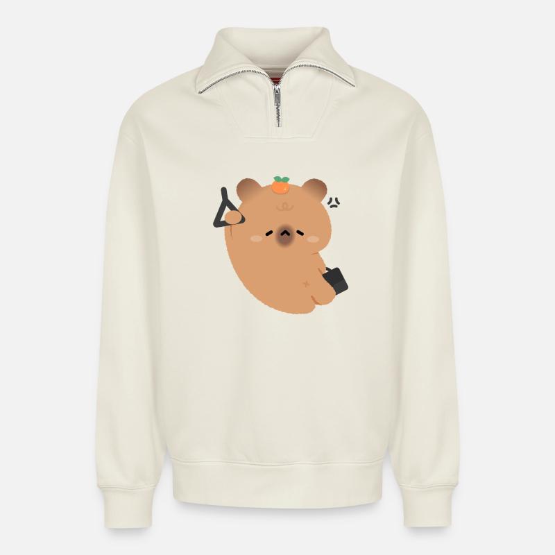 Tired Capybara Commute - Relaxed Unisex Organic Half Zip Sweatshirt – by SPREAD - off white