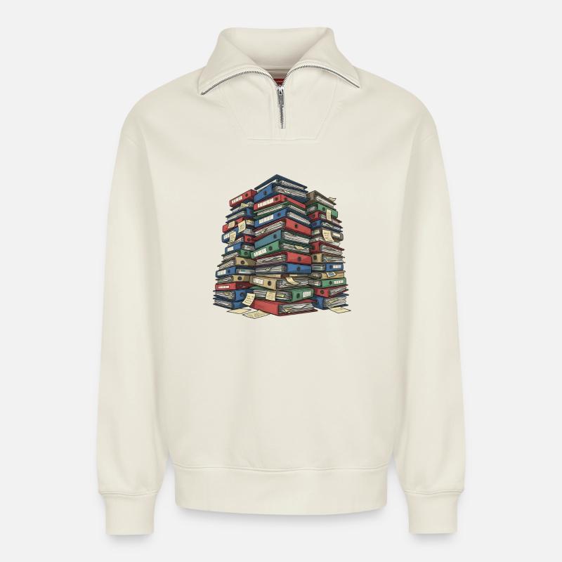 Folder Stack Office Chaos - Relaxed Unisex Organic Half Zip Sweatshirt – by SPREAD - off white
