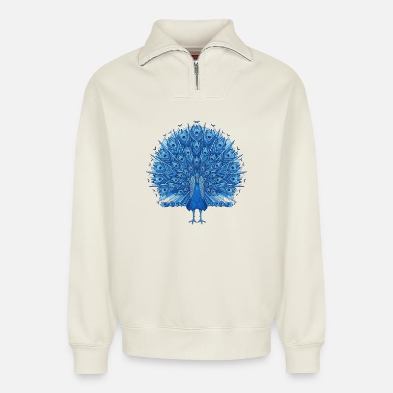 Kobaltblauer Pfauenfächer - Relaxed Unisex Organic Half Zip Sweatshirt – von SPREAD - Naturweiß