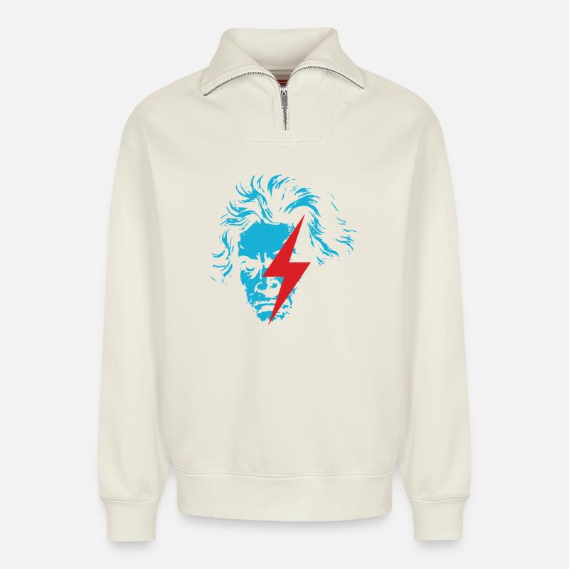 Blaues Beethoven-Gesicht mit rotem Blitz - Relaxed Unisex Organic Half Zip Sweatshirt – von SPREAD - Naturweiß
