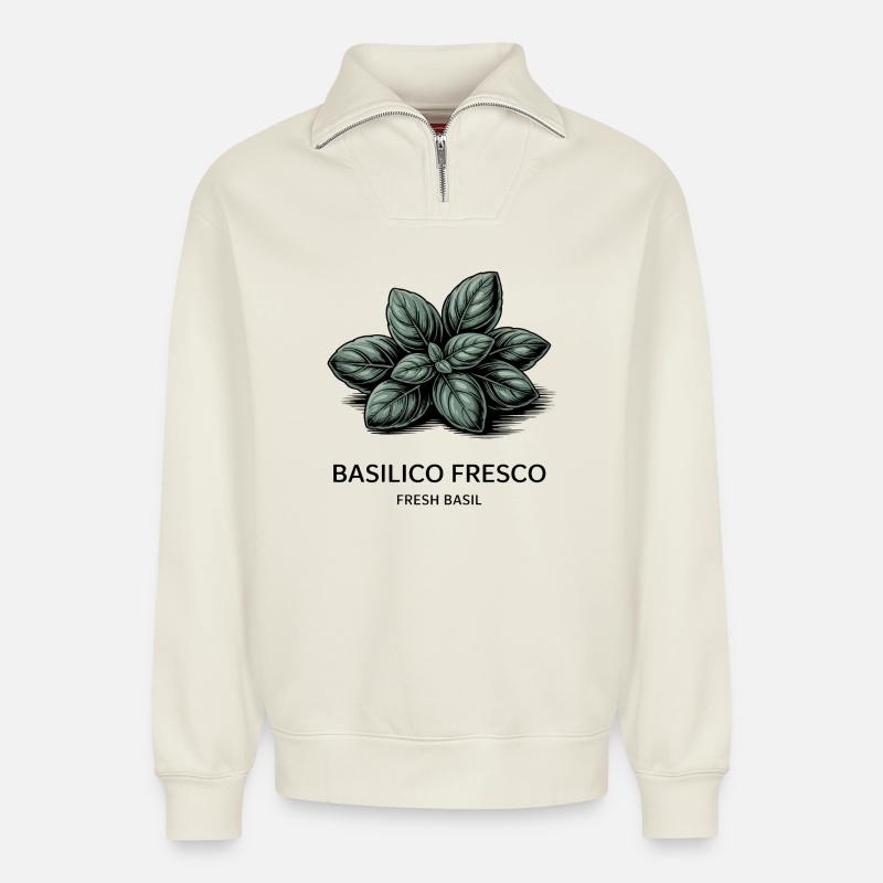 Basilico Fresco – Basilikum - Relaxed Unisex Organic Half Zip Sweatshirt – von SPREAD - Naturweiß