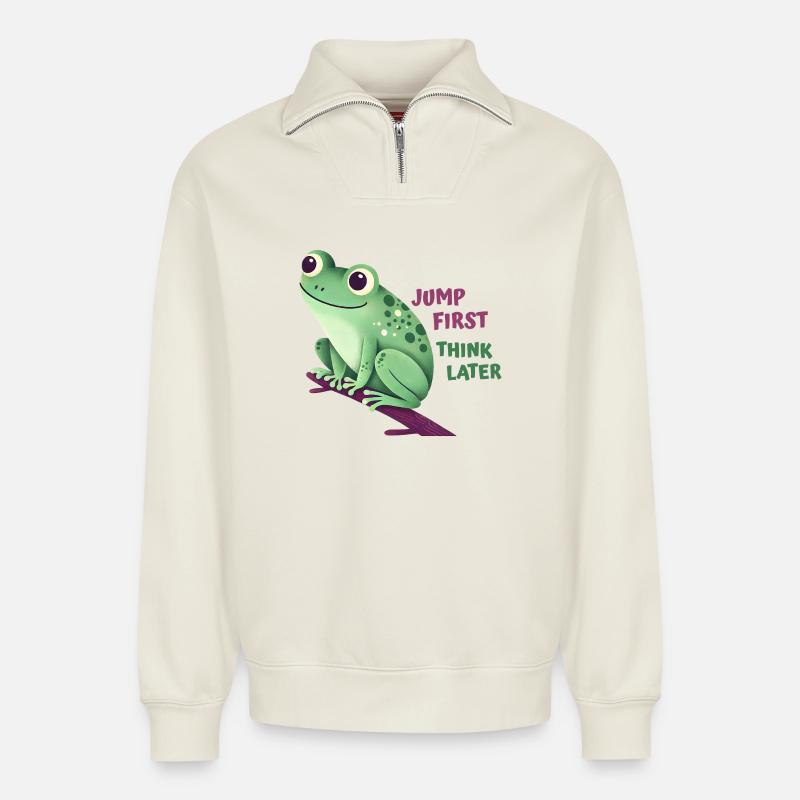 Grenouille avec citation - Sweat unisexe décontracté en coton biologique à demi-zip – de SPREAD - blanc cassé