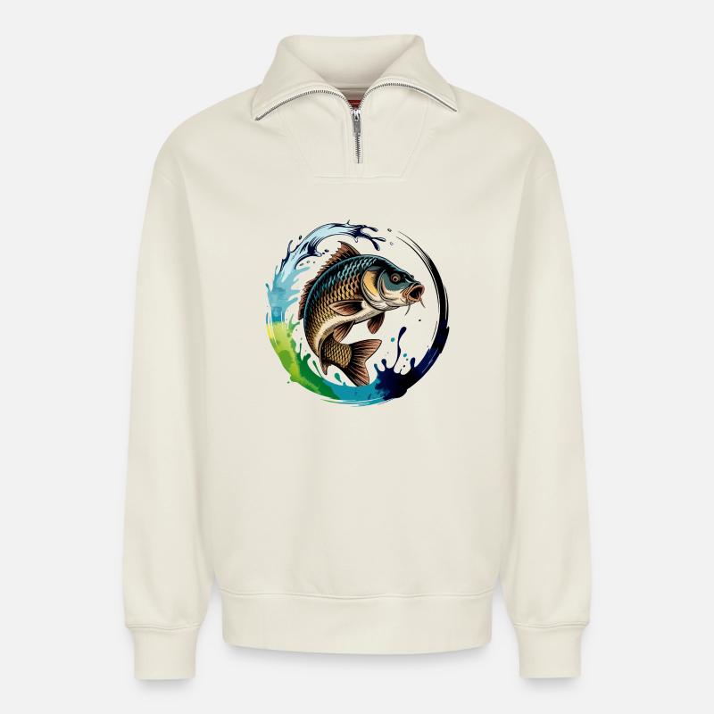 Springender Karpf - Relaxed Unisex Organic Half Zip Sweatshirt – von SPREAD - Naturweiß