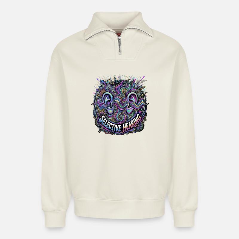 selective hearing - Relaxed Unisex Organic Half Zip Sweatshirt – by SPREAD - off white