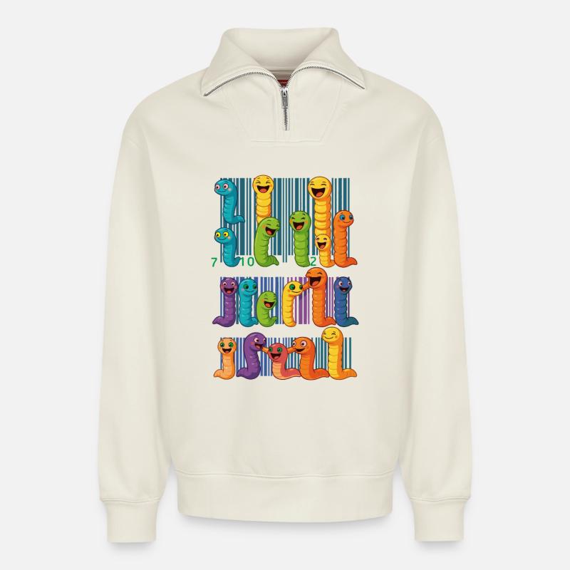 Bunte Wurm-Barcode-Kollektion - Relaxed Unisex Organic Half Zip Sweatshirt – von SPREAD - Naturweiß