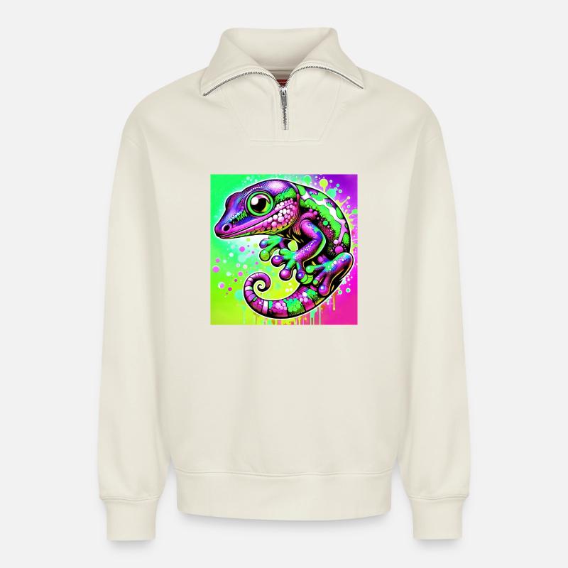 Gecko - Sweat unisexe décontracté en coton biologique à demi-zip – de SPREAD - blanc cassé
