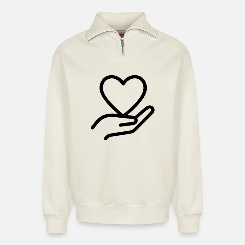 Hand Herz - Relaxed Unisex Organic Half Zip Sweatshirt – von SPREAD - Naturweiß