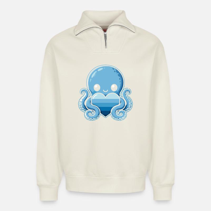 Blauer Herz-Octopus - Relaxed Unisex Organic Half Zip Sweatshirt – von SPREAD - Naturweiß