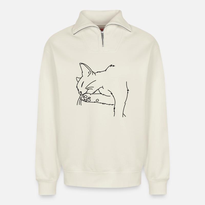 Chat - Sweat unisexe décontracté en coton biologique à demi-zip – de SPREAD - blanc cassé