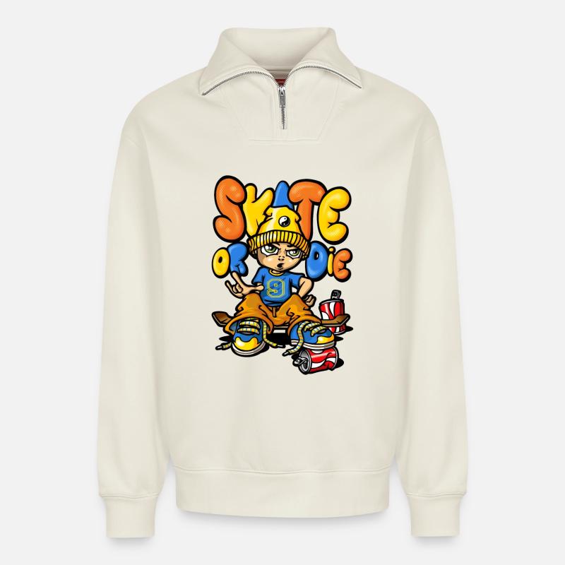Skateboard und Graffiti - Relaxed Unisex Organic Half Zip Sweatshirt – von SPREAD - Naturweiß