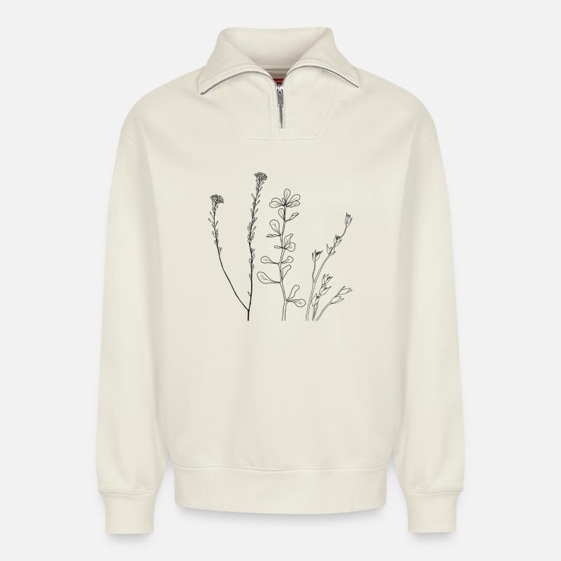 Blumen Line Art - Relaxed Unisex Organic Half Zip Sweatshirt – von SPREAD - Naturweiß