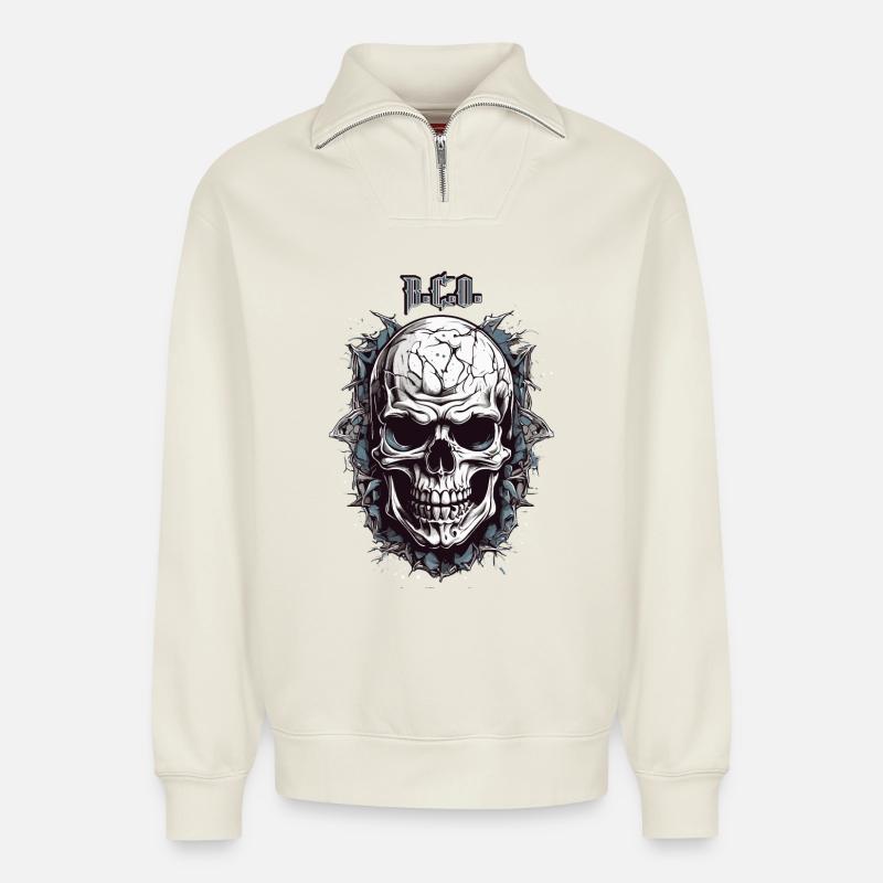 Totenkopf B.C.O - Relaxed Unisex Organic Half Zip Sweatshirt – von SPREAD - Naturweiß
