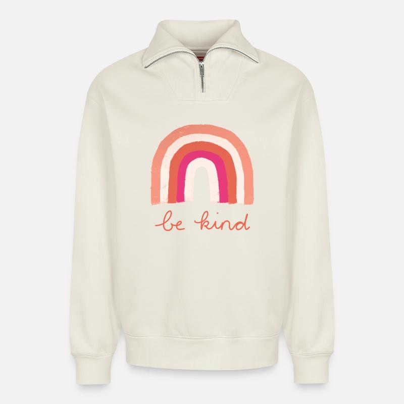 Be Kind Rainbow - Relaxed Unisex Organic Half Zip Sweatshirt – by SPREAD - off white