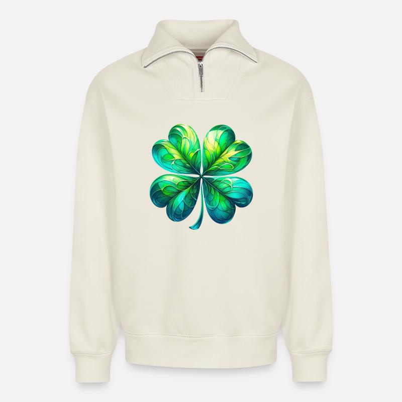 Trèfle à quatre feuilles - Sweat unisexe décontracté en coton biologique à demi-zip – de SPREAD - blanc cassé