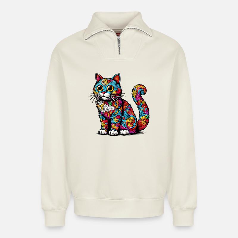 Katze - Relaxed Unisex Organic Half Zip Sweatshirt – von SPREAD - Naturweiß