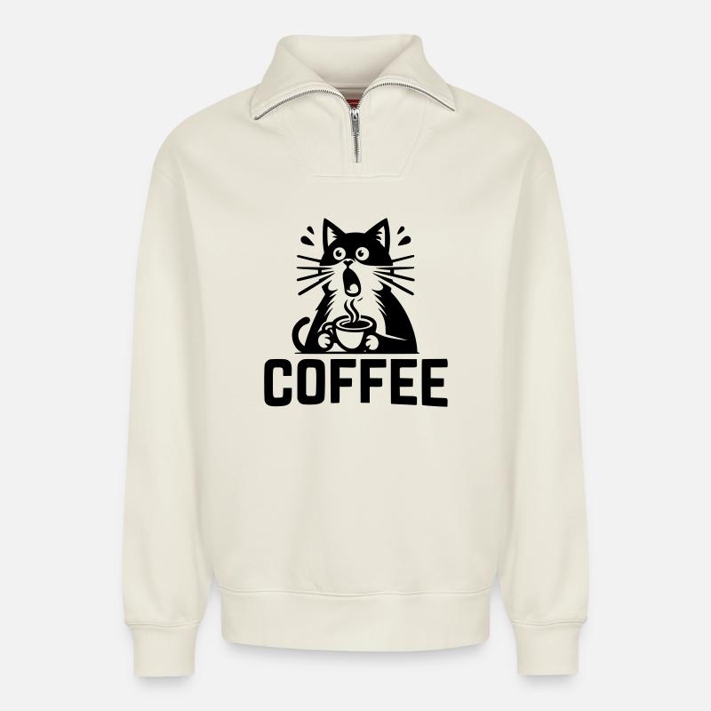 Katzen-Kaffee - Relaxed Unisex Organic Half Zip Sweatshirt – von SPREAD - Naturweiß