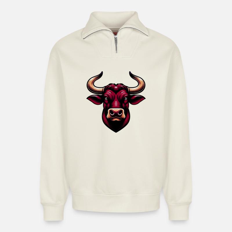 Bull - Relaxed Unisex Organic Half Zip Sweatshirt – by SPREAD - off white