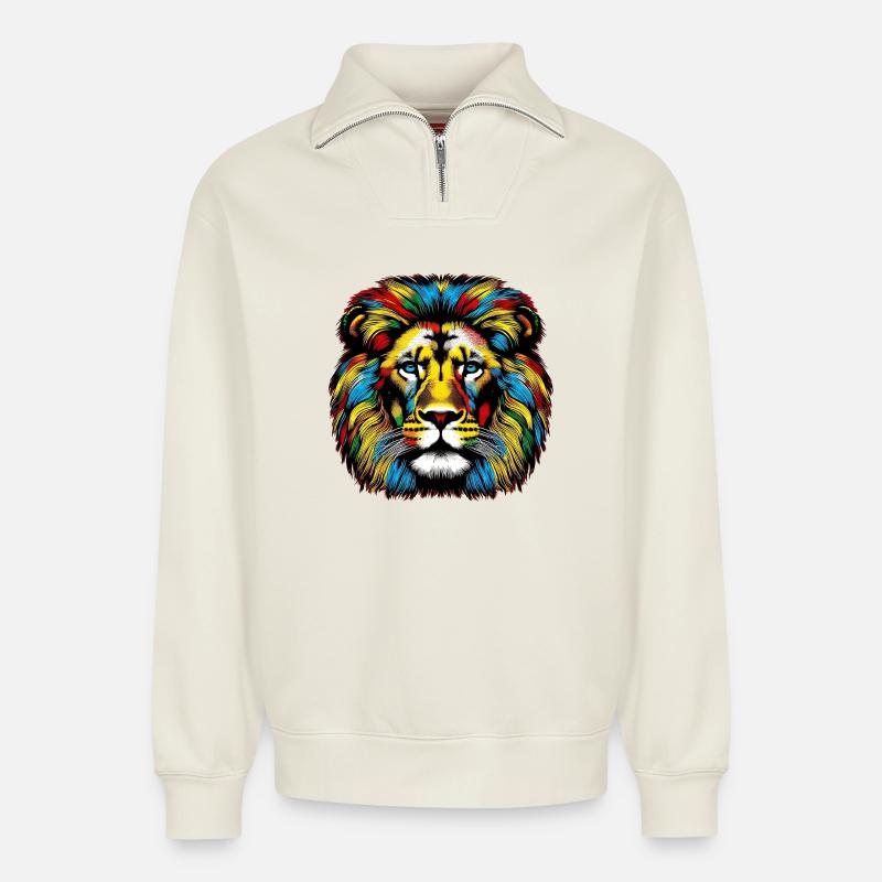 Löwe - Relaxed Unisex Organic Half Zip Sweatshirt – von SPREAD - Naturweiß