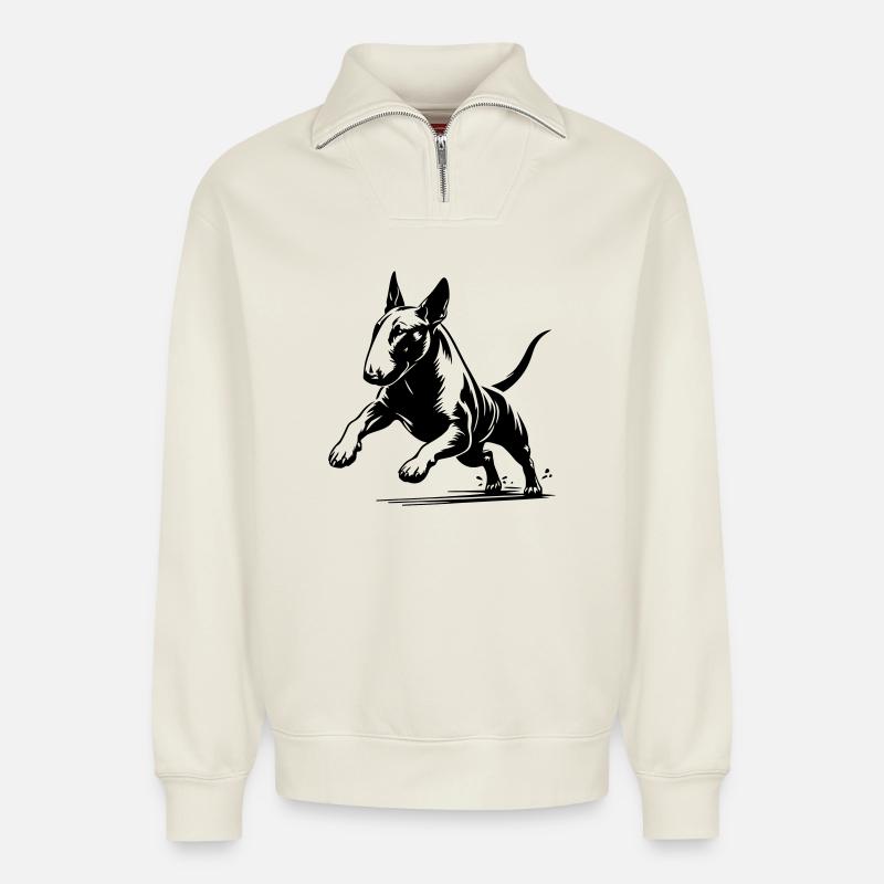 Bull terrier - Sweat unisexe décontracté en coton biologique à demi-zip – de SPREAD - blanc cassé